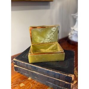 Vintage Green Onyx Trinket Box • Stone Jewelry Box with Gold Trim • Mid Century